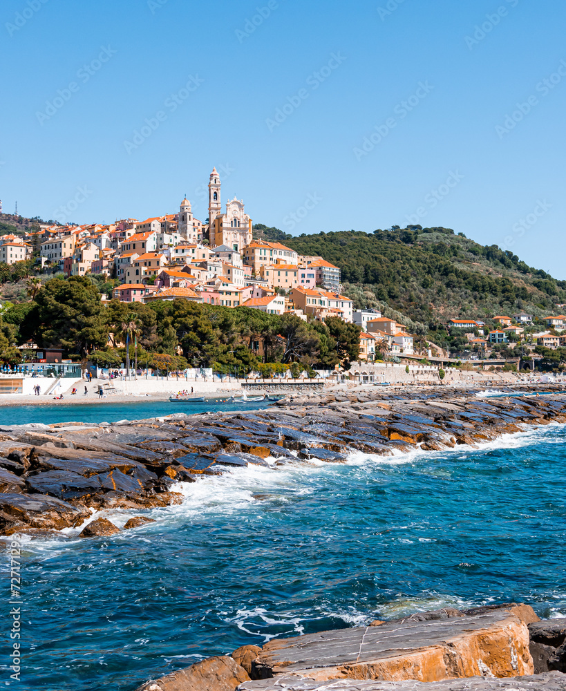 Scenic view from the sea of ​​the medieval village of Cervo, located in Liguria. Renowned for tourism and nature excursions
