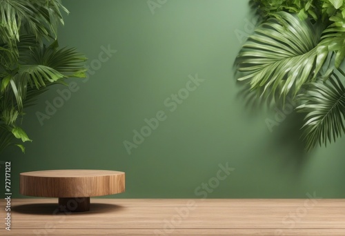 Wood pedestal in tropical forest for product presentation and green wall, Generative AI