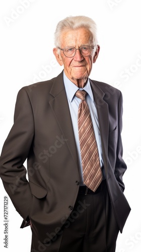 Stock image of an elderly man in a formal outfit on a white backdrop Generative AI