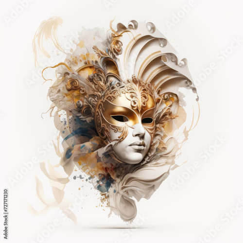 Venetian Carnival Mask. Golden Sun, Masquerade mask on white background, watercolor