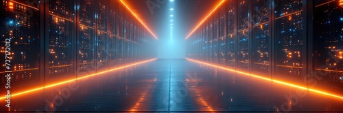 A high-tech blockchain data center with rows of glowing servers under cool, blue lights, symbolizing the backbone of cryptocurrency