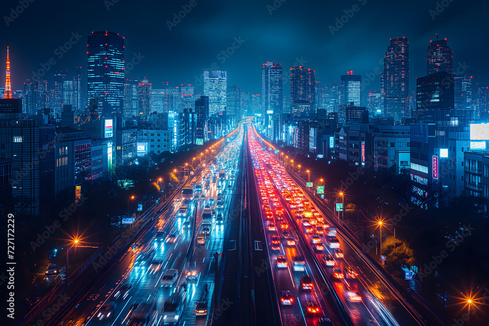 A city's arteries come alive at night, captured in the electric blues and reds of ceaseless traffic against a backdrop of illuminated skyscrapers.
