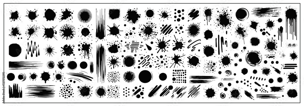 A collection of spots and stains. Black ink stains and dirt spots scattered with isolated drops and spots. Urban street style ink blots, dots or lines. Isolated vector illustration	 - obrazy, fototapety, plakaty 