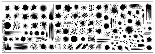 A collection of spots and stains. Black ink stains and dirt spots scattered with isolated drops and spots. Urban street style ink blots, dots or lines. Isolated vector illustration 