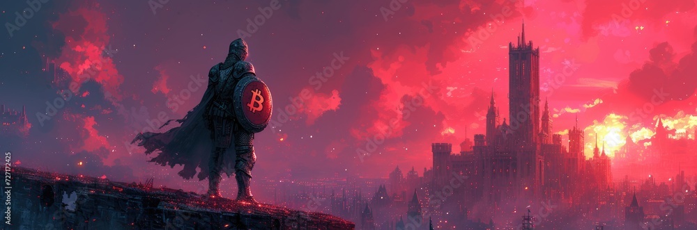 A knight in shining armor, shield emblazoned with a Bitcoin logo, guarding a digital castle - obrazy, fototapety, plakaty 