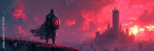 A knight in shining armor, shield emblazoned with a Bitcoin logo, guarding a digital castle