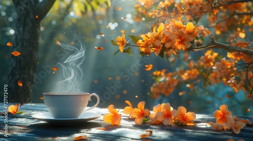 cup of coffee or cup of tea  on a wooden table with autumn leaves backgrounds.
