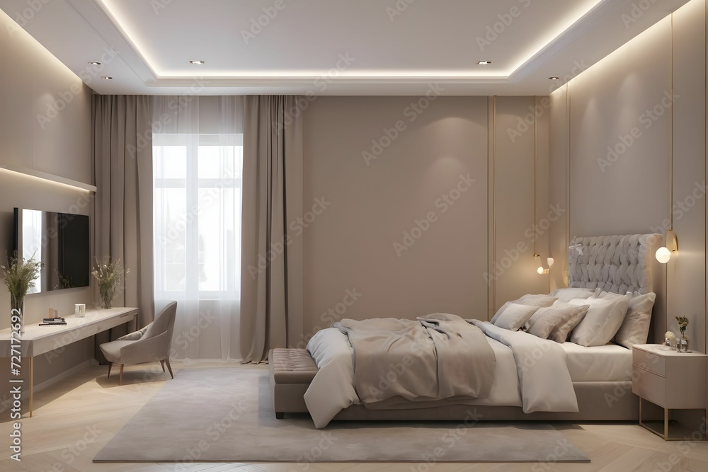 modern interior design. 3D rendering of the bedroom. Front view. modern interior design. 3D rendering of the bedroom. Front view.