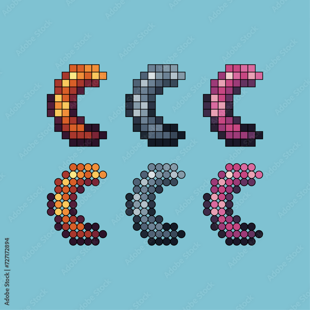Pixel art stroke sets icon of ramadhan moon logo variation color. Moon icon on pixelated style. 8bits Illustration, perfect for design asset element your game ui. Simple pixel art icon asset. Pixel art stroke sets icon of ramadhan moon logo variation color. Moon icon on pixelated style. 8bits Illustration, perfect for design asset element your game ui. Simple pixel art icon asset.