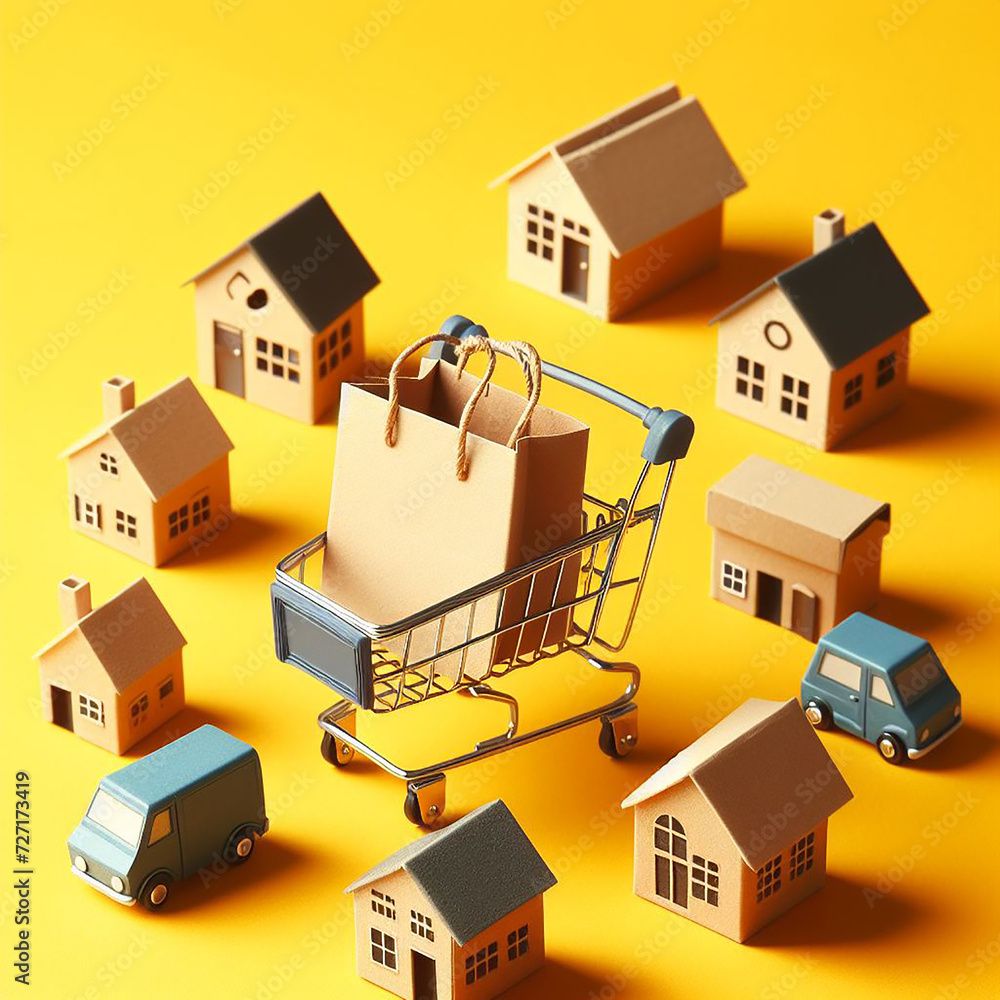 Small paper shopping bags with shopping cart on yellow background Small paper shopping bags with shopping cart on yellow background