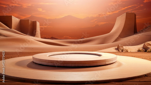 3d render of a desert scene with a round podium in the middle