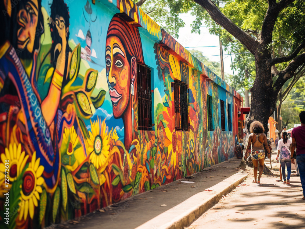 Obraz premium A lively urban scene showcasing colorful street art and captivating murals on a busy street.