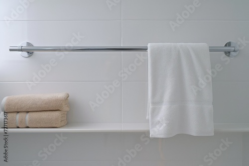 Minimalist towel rack in a clean, white bathroom.