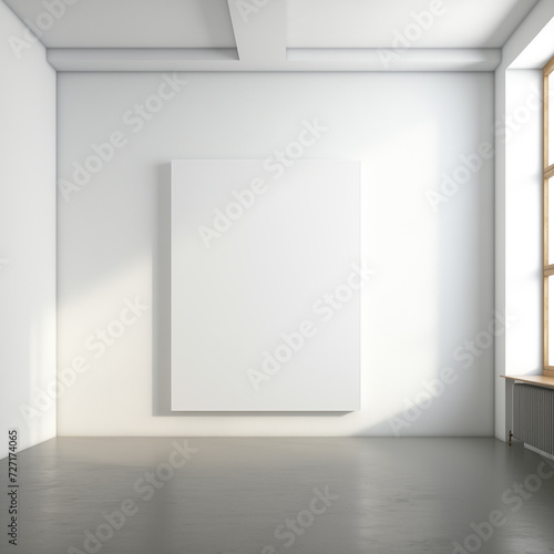 empty white room with blank canvas poster mockup on the white wall