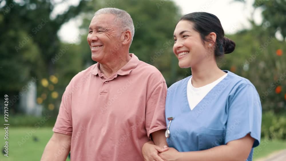Happy, nature and nurse walking with an old man in a park garden for wellness or morning exercise. Relax, trust or caregiver with smile a senior person for outdoor rehabilitation, love or nursing Happy, nature and nurse walking with an old man in a park garden for wellness or morning exercise. Relax, trust or caregiver with smile a senior person for outdoor rehabilitation, love or nursing