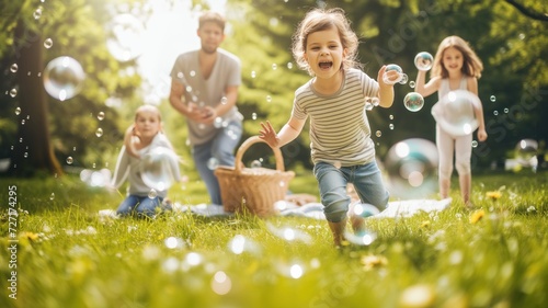 fun family scene in a park with children playing with soap bubbles.
