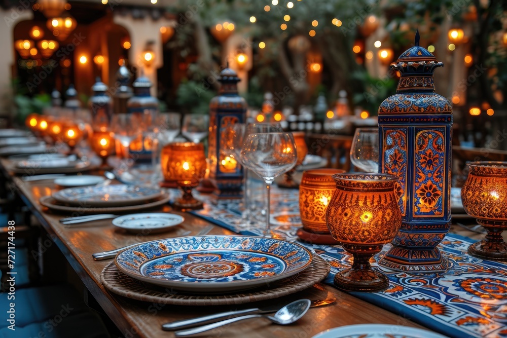 Fototapeta premium Dining table with ramadan vibes decoration Holy month of Ramadan concept professional advertising food photography