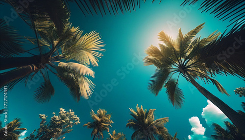 Blue sky and palm trees view from below. Tropical beach and summer background. Travel concept minimalist background Ai generated image © TrendyImages