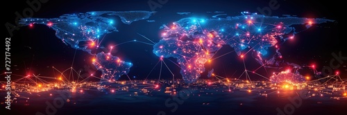A map of the world with digital connections linking cities, symbolizing the internet's role in globalization