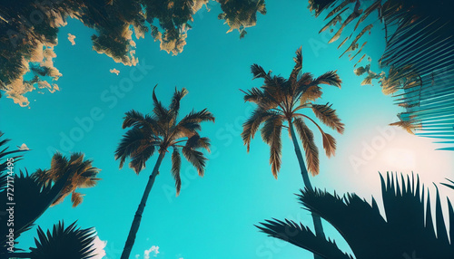 Blue sky and palm trees view from below. Tropical beach and summer background. Travel concept minimalist background Ai generated image © TrendyImages