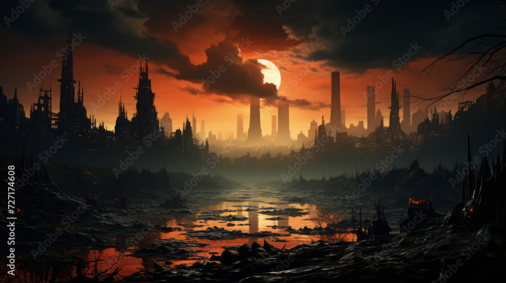 Vibrant Cityscapes: Evocative Sunsets, Stunning Skylines, and Industrial Silhouettes under the Majestic Orange and Red Skies, generative AI