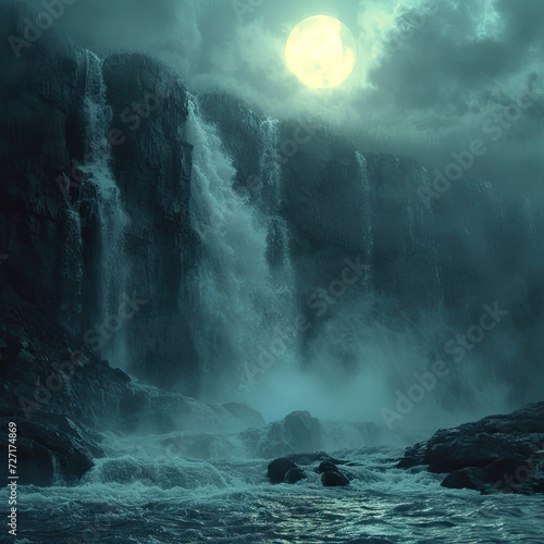 Misty Edge of Flowing Waterfall in Moonlight