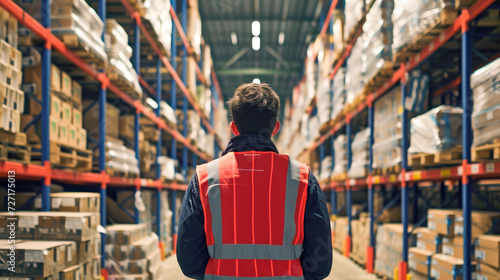 Professional worker wearing safety vest and standing in a big warehouse with shelves full of delivery goods. photo