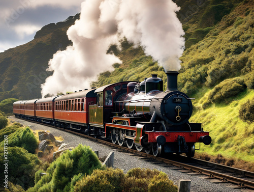 A classic steam locomotive gracefully traversing through a picturesque landscape, exuding nostalgic charm.