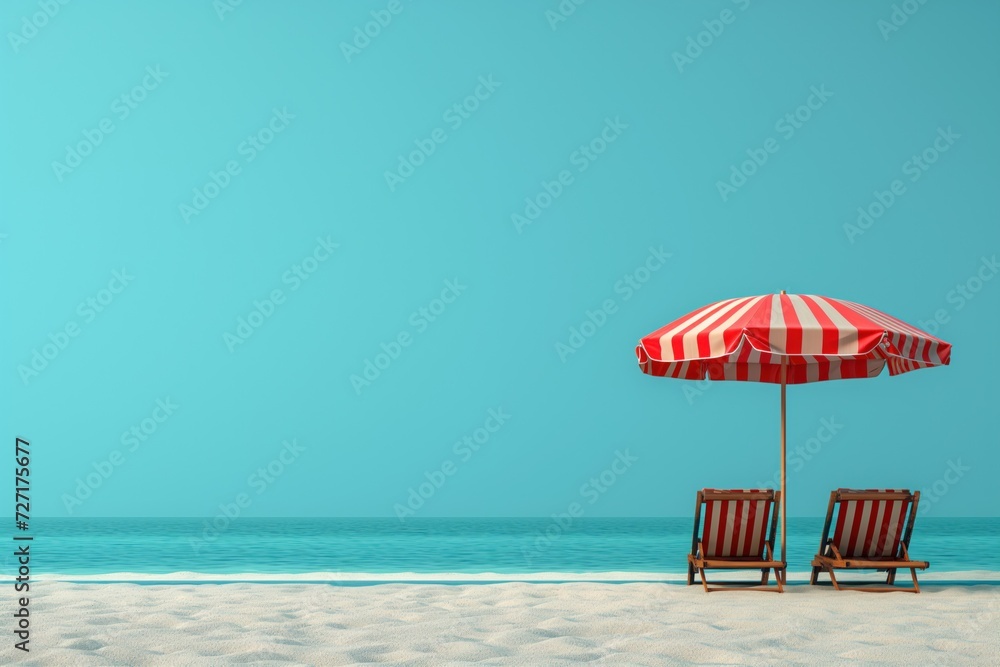 Beach deck chairs and umbrella set on light background