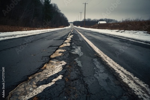 Very bad quality street  damaged asphalt pavement road with potholes. Difficult driving conditions on roads in winter and spring. Car moving on road with melting snow. Icy slippery road