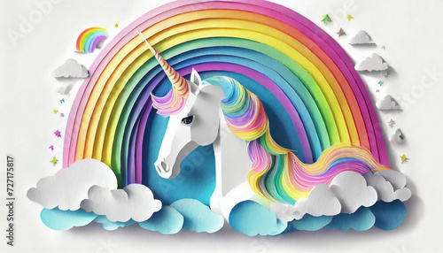 Unicorn and rainbow. Illustration of a unicorn with a cloud and rainbow in the background 