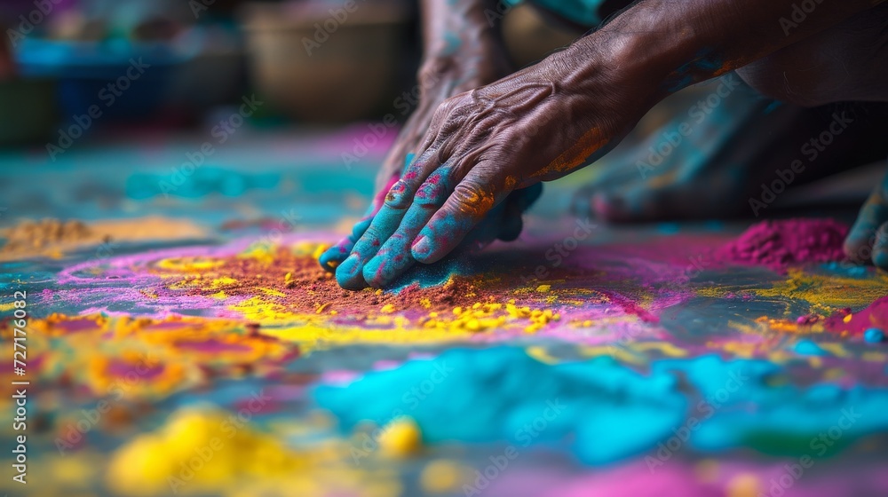 Person Placing Colored Powder Hands on Table, Bright and Colorful, Holi