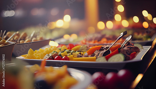 Catering buffet food indoor in restaurant with meat colorful fruits and vegetables closeup background Ai generated image