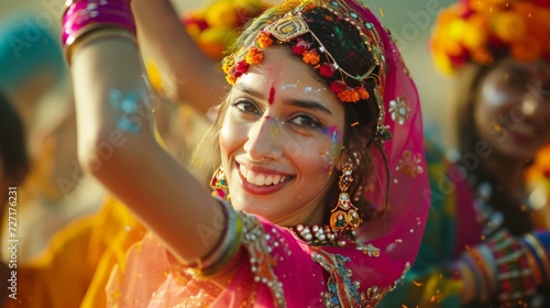 Woman in Colorful Outfit Dancing With Others, Holi