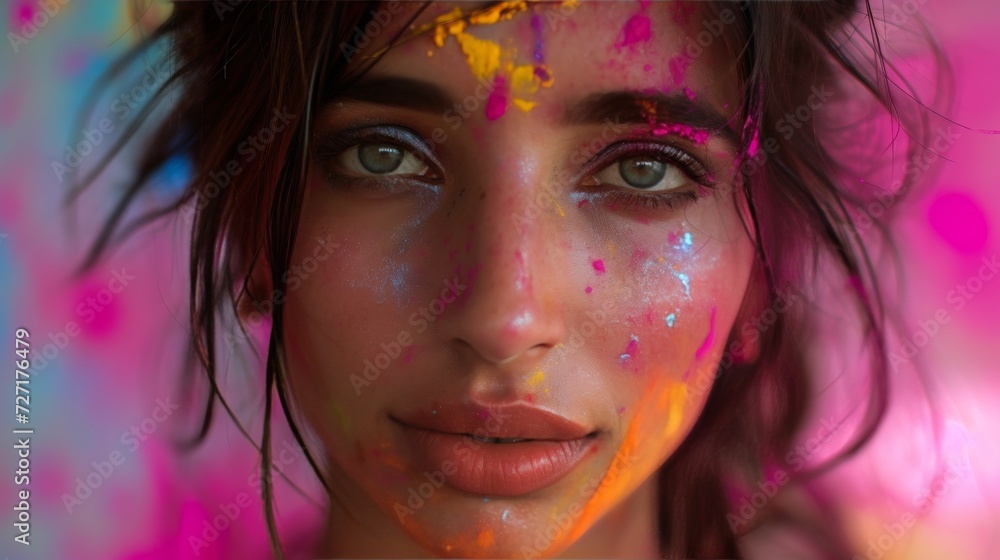 Woman With Colorful Paint on Her Face, Vibrant and Expressive Artistic Creation, Holi
