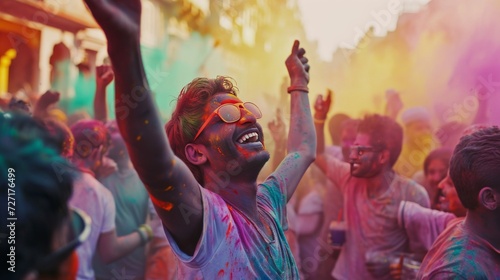 Group of People Celebrating With Colored Powder on Their Faces, Holi