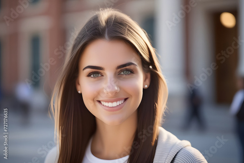 Smiling Woman Outdoors in City with Blurred Background. Perfect for Stock Photography