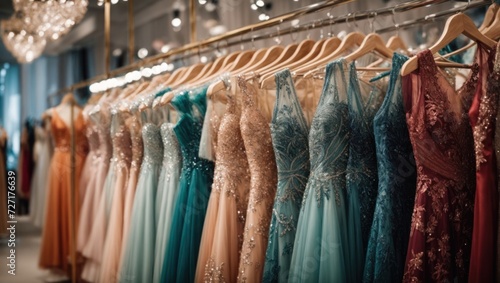 many evening dresses on hangers in a store