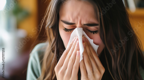 A woman sneezes into a tissue or white handkerchief because of allergies or a cold. 