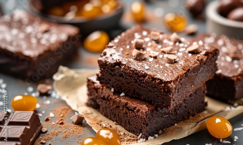 high quality food photo of mouth-watering salted caramel brownies,