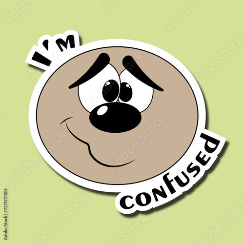 Funny face sticker. Emotion sticker. Embarrassment. Inscription: I'm confused.