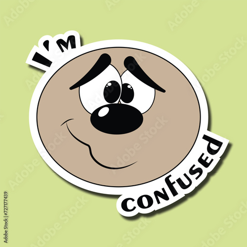 Funny face sticker. Emotion sticker. Embarrassment. Inscription: I'm confused.
