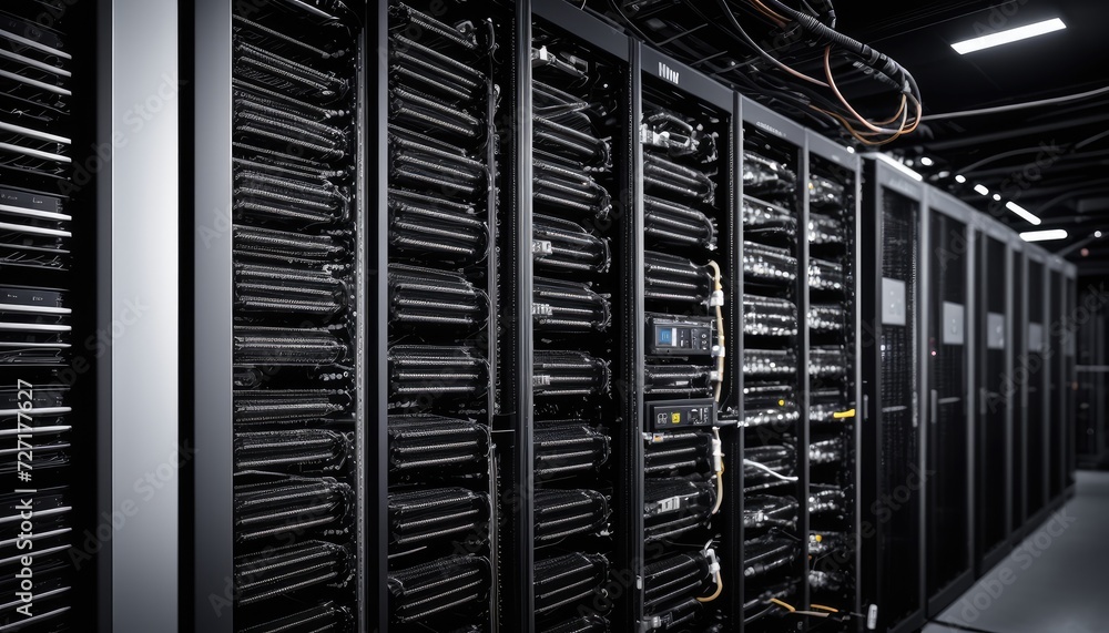 Modern Data Center Server Room with Rack Cabinets and Hardware Modern Data Center Server Room with Rack Cabinets and Hardware