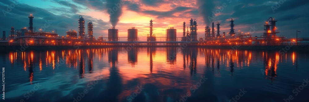 A panoramic scene of a bioreactor facility producing sustainable biofuels, with glowing vats of algae set against a twilight sky