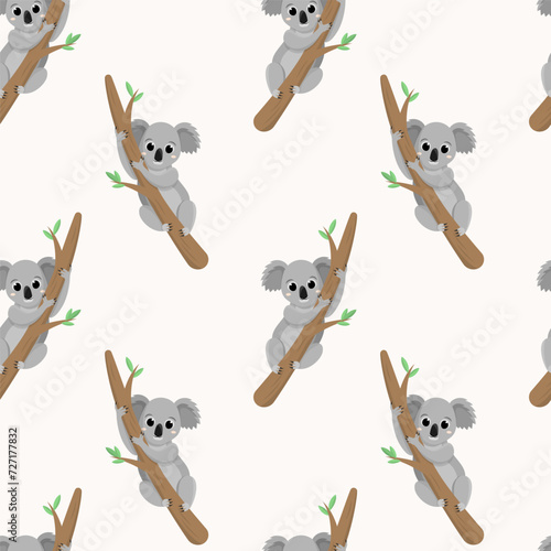 Seamless pattern with cute koala climbing a tree. Lovely animal cartoon character art. Flat vector illustration