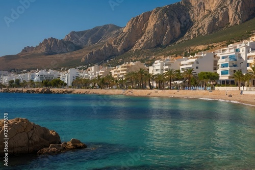 a view of a beach with a mountain in the background, costa blanca, mediterranean beach background, spain, mediterranean island scenery, southern european scenery