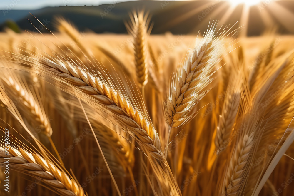 Close-up of wheat field with sun rays shining through, blurred background of field and mountains Close-up of wheat field with sun rays shining through, blurred background of field and mountains