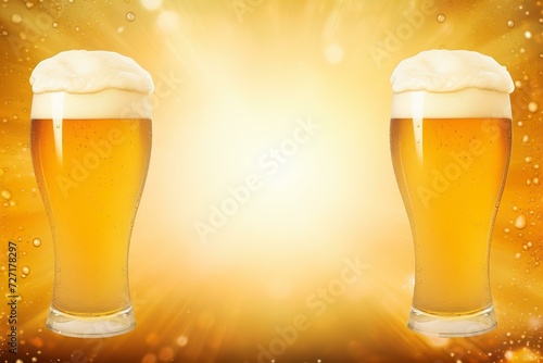 beverage frame background with two glasses of beer on bright brown background