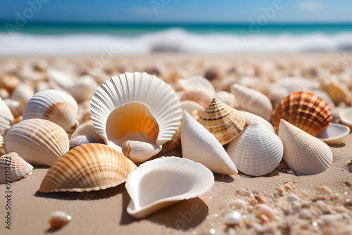 Shells and conches on the beach with blurred ocean in the background