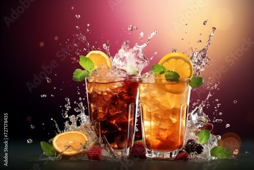 beverage background with two glasses of cocktail  slices of orange and dynamic splash of water